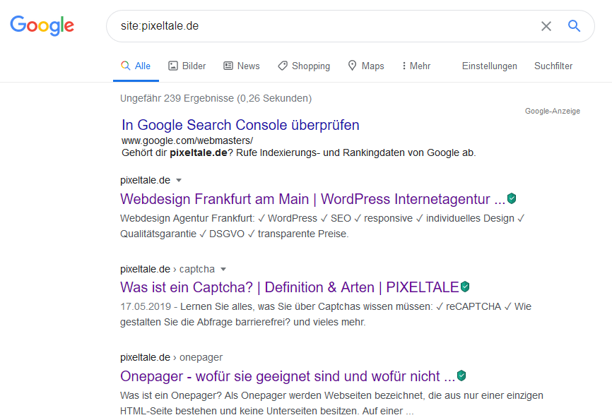 site Abfrage Suchmaschinenindex Google