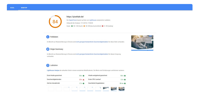 PageSpeed Insights Ergebnis Google